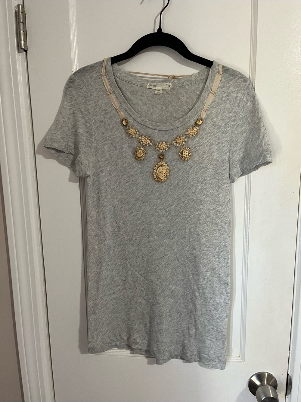 J. Crew Light Gray Short Sleeve Tee with Peach Embellisment Detail